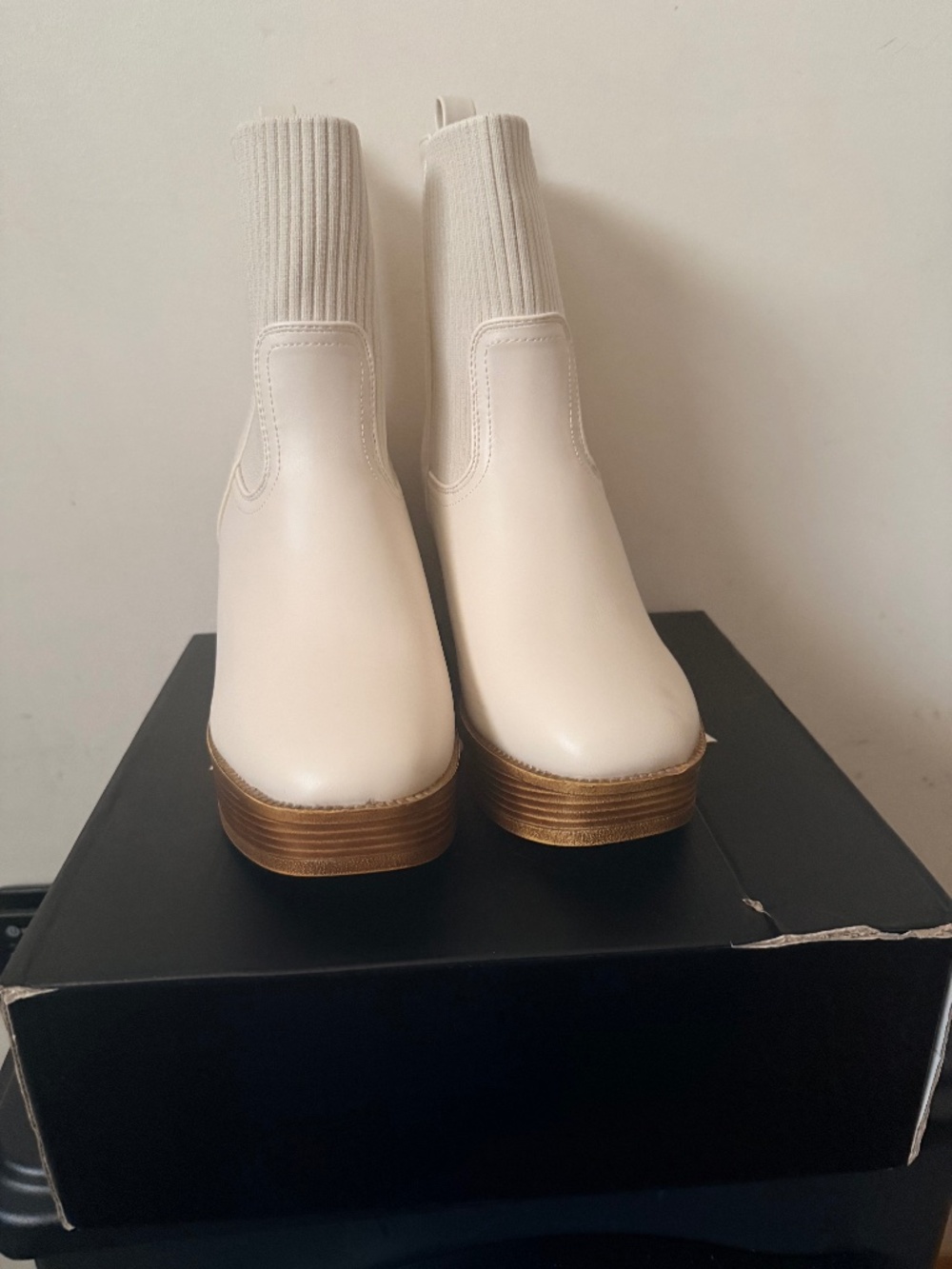 Brand New Ivory Faux Leather Sock Ankle Boots
